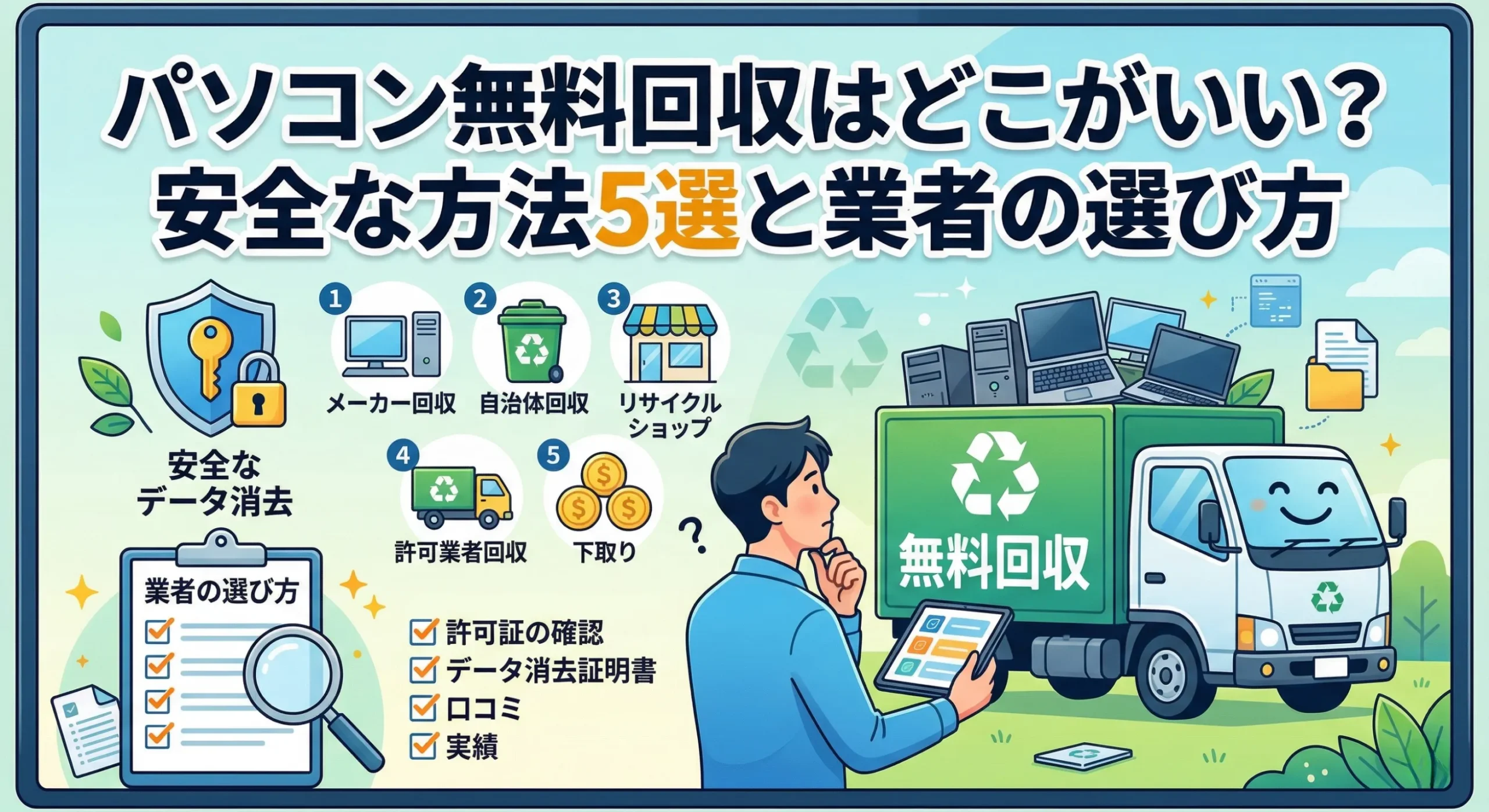 パソコン無料回収はどこがいい？安全な方法5選と業者の選び方